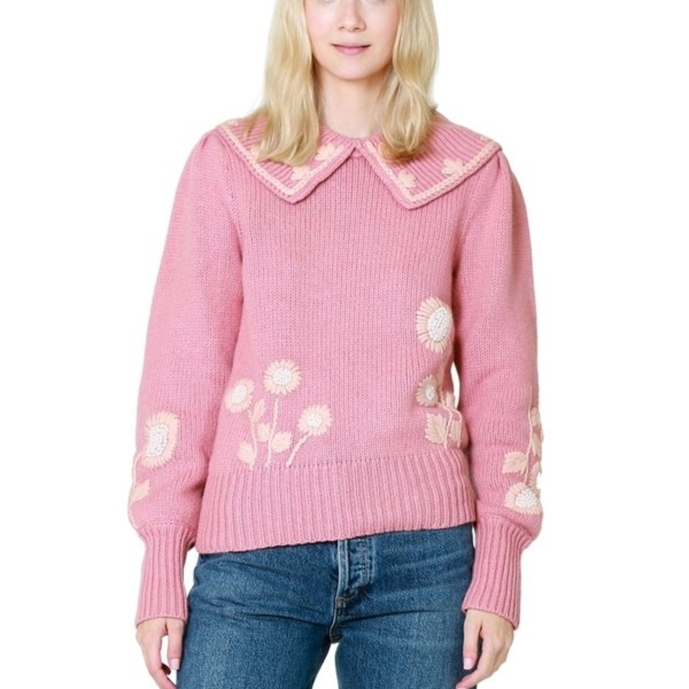lovestitch Pink Knit Sweater with Cream Floral Sailor Collar